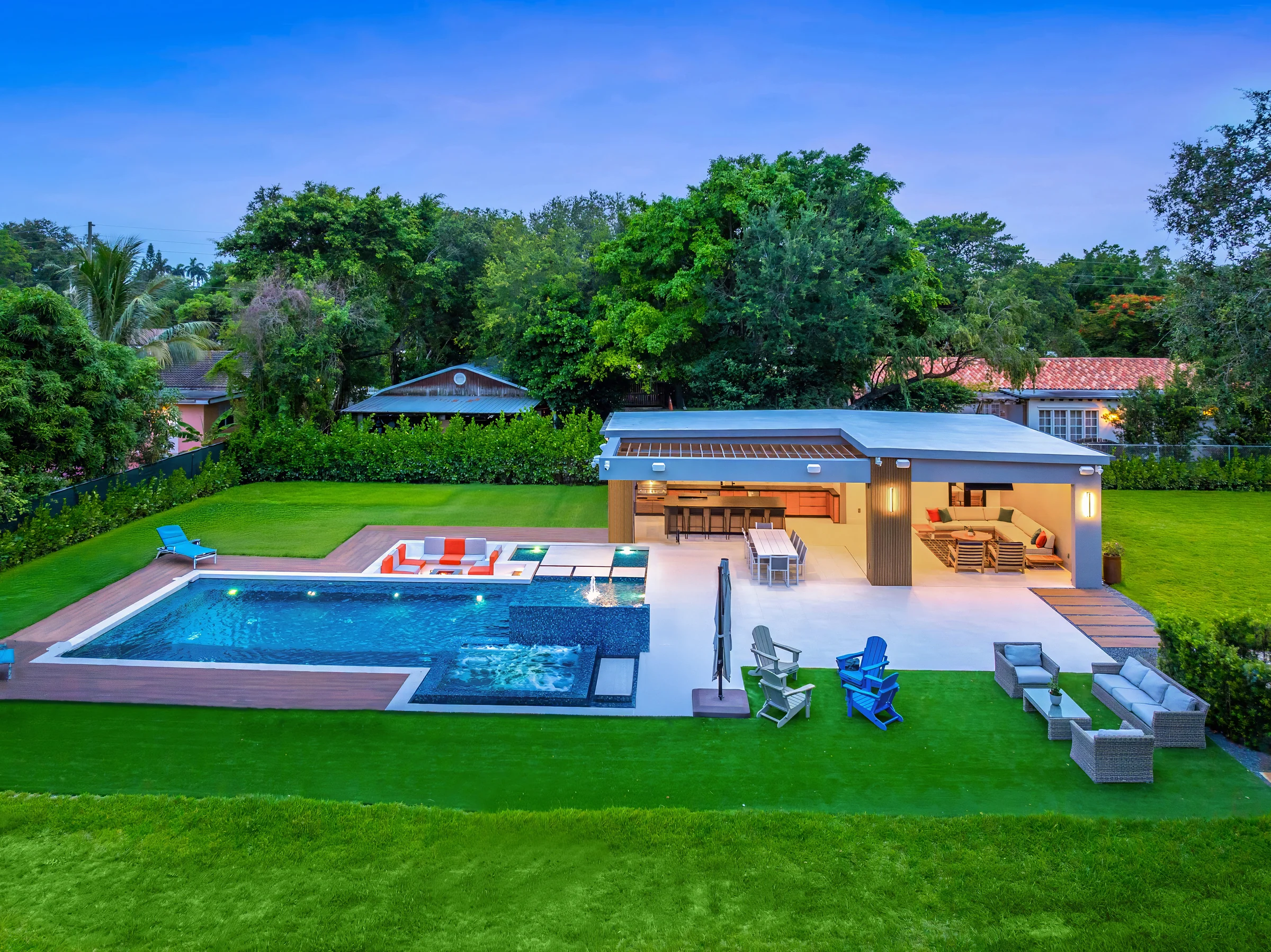 Aerial view of the completed 139 BP pool and outdoor pavilion